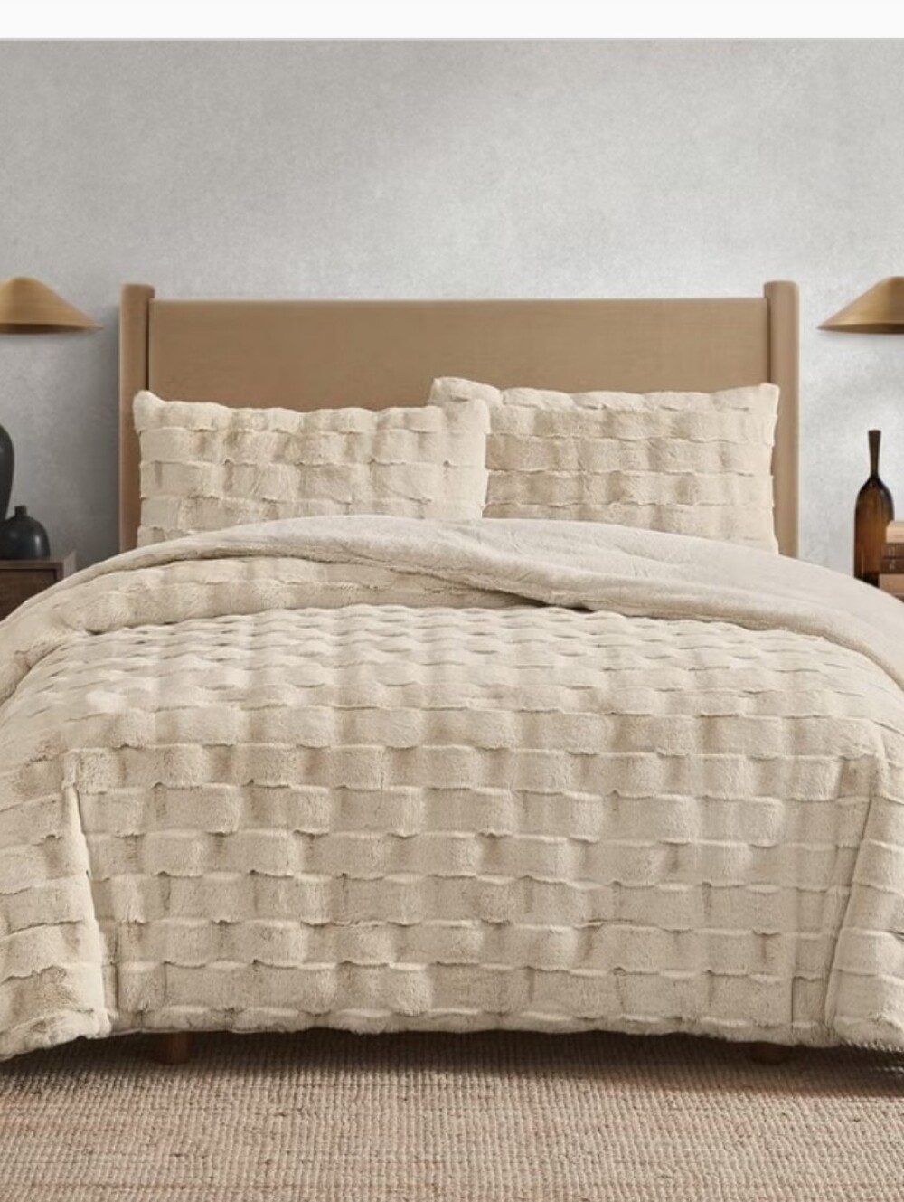 FRYE Queen Luxury Bubble Faux Fur Comforter 3 Piece Set, Cream  - Reversible